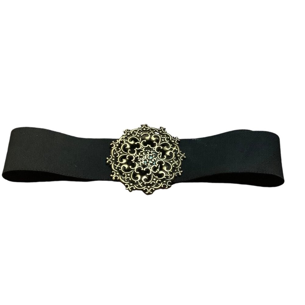 Vtg Elastic Waist Belt With Ornate Gold-Tone‎ Scroll Floral Buckle